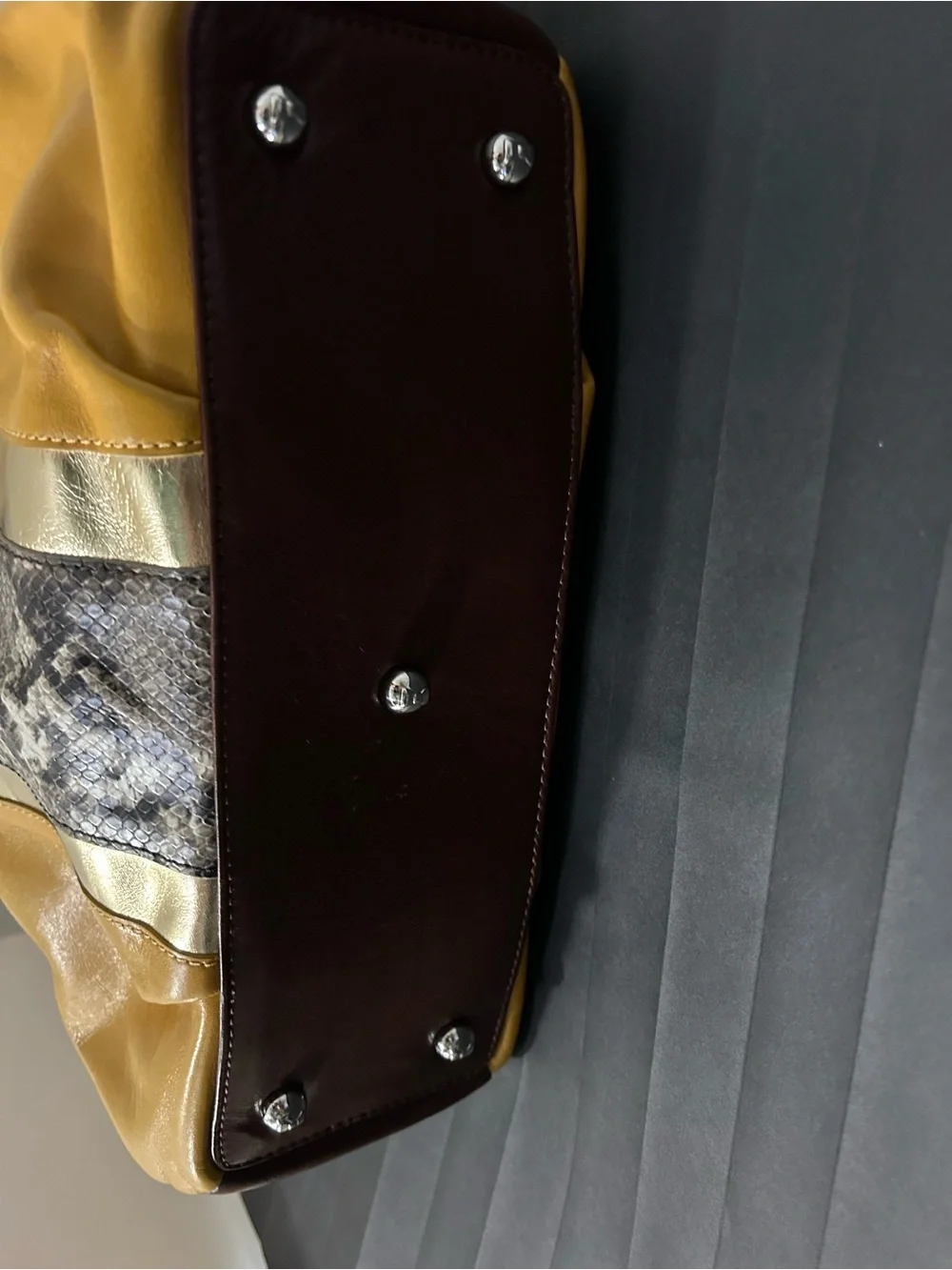 My Flat In London Yellow Leather Hobo Bag with Snake-Print Trim